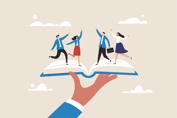 Employee handbook, manual for onboarding new staff, procedure or rule for welcome new hire to know company, business manual for success concept, businessman hand holding handbook with new employees.