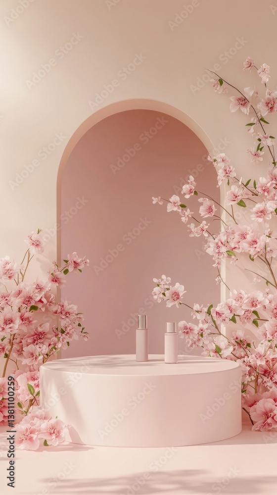 Poster soft pink blossoms create a serene atmosphere around minimalistic containers in a beautifully design