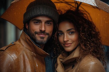 Happy adult couple walking at street in rainy day
