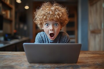 Shocked boy looking at laptop at home