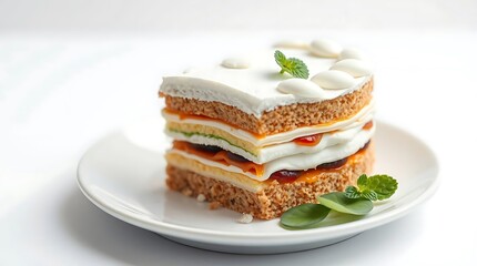 Layered Vanilla Sponge Cake Slice with Whipped Cream, Jam Filling, and Mint Garnish on White Plate