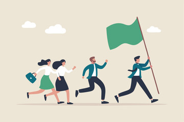 Leader determination to lead team to success, motivation to win together, direction forward for future success, victory or triumph concept, businessman leader holding winner flag leading to success.