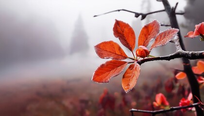 vibrant red autumn leaves with raindrops on dark branch in misty forest, atmospheric nature background for seasonal design