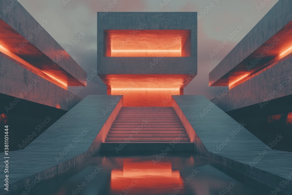 Poster brutalist digital horizon minimalist architectural with glowing neon symmetry - futuristic design in