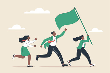 Leader determination to lead team to success, motivation to win together, direction forward for future success, victory or triumph concept, businessman leader holding winner flag leading to success.