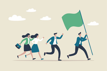 Leader determination to lead team to success, motivation to win together, direction forward for future success, victory or triumph concept, businessman leader holding winner flag leading to success.