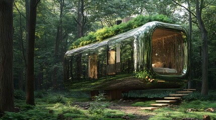 Fototapeta premium Hidden camouflage eco pod blending seamlessly into its forest environment featuring mirrored exteriors sustainable green rooftops modular compact living and a nature immersed retreat aesthetic