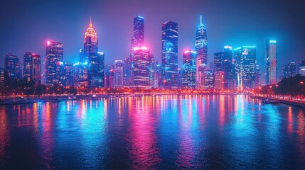 Obraz premium Vibrant Nightscape: City Skyline Reflected in Calm Waters