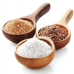 spoons holding salt in bowl, spices powder, isolated on transparent or white background