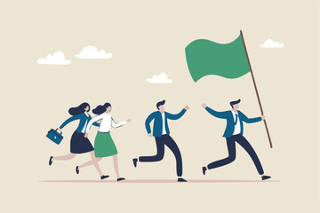Leader determination to lead team to success, motivation to win together, direction forward for future success, victory or triumph concept, businessman leader holding winner flag leading to success.