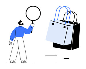 Man holding magnifying glass assessing floating shopping bags. Ideal for e-commerce, consumer behavior, product analysis, shopping trends, market research, retail strategies, online shopping