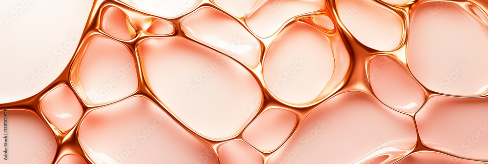 Poster abstract golden bubbles float gracefully on a soft peach backdrop. smooth organic shapes create a se
