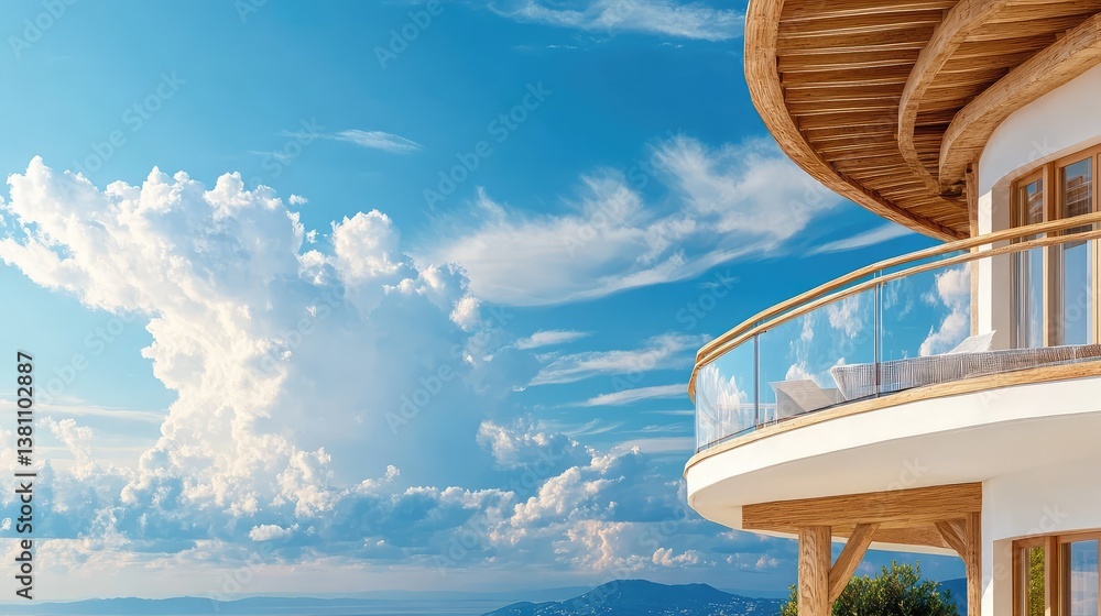 Poster modern architecture of a stylish home against a clear blue sky, with soft clouds creating a serene b