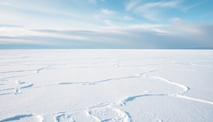 Obraz premium Serene Winter Landscape Expansive Snow Field with Ice Cracks Under Blue Sky