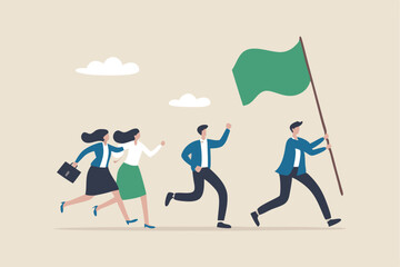 Leader determination to lead team to success, motivation to win together, direction forward for future success, victory or triumph concept, businessman leader holding winner flag leading to success.
