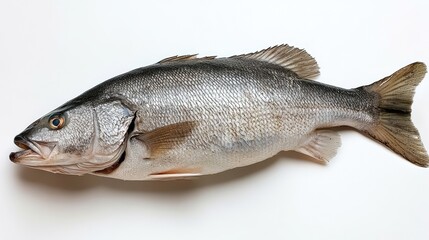 Obraz premium One fresh Atlantic Red Drum fish displayed on a white background, tail slightly curved, natural posture