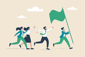 Leader determination to lead team to success, motivation to win together, direction forward for future success, victory or triumph concept, businessman leader holding winner flag leading to success.