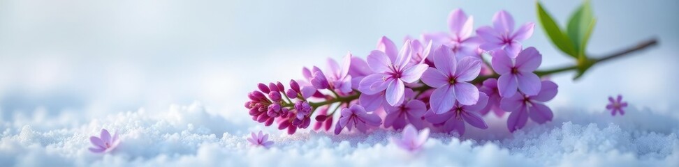 Lilac stem with delicate purple flowers on a snowy background, flowers, purple, botanical