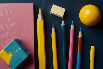 Pencils of pink dark blue purple colors on pink background. Flat lay top view. Education template back to school and online study concept with copy space