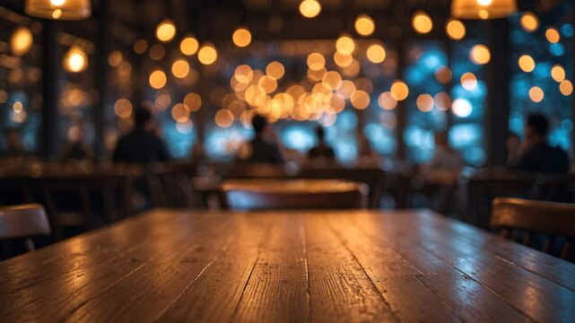 Empty wooden table surface and blurred cafe restaurant in dark backdrop with selective focus.