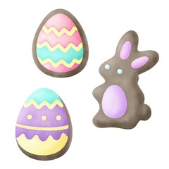 Easter candy celebratory. Colorful Easter eggs and a chocolate bunny, designed for festive celebrations and springtime enjoyment. isolated on white background