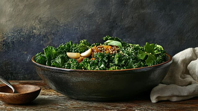 Fresh kale salad with garlic and pepper closeup in rustic setting