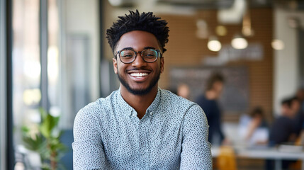 Fototapeta premium An entrepreneur smiles confidently after launching a successful startup.