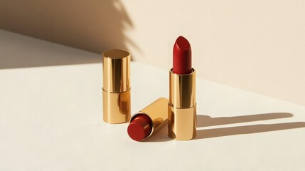 Three lipsticks stand on a neutral surface, two capped and one open, under soft lighting that casts geometric shadows.
