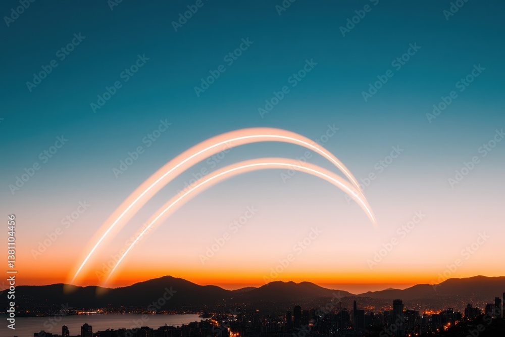 Fototapete Dynamic Urban Connectivity Illuminated Data Pathways Visualizing Technological Progress Against Sunset Cityscape - Digital Transformation Narrative