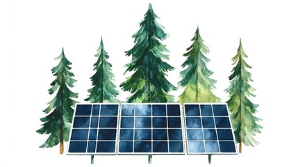Solar Panels Surrounded by Lush Green Pine Trees in a Refreshing Natural Environment