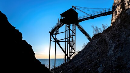 Silhouette of construction machinery against a brilliant blue sky, conveying strength and industry.