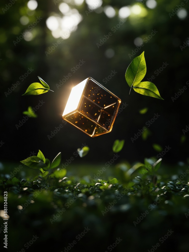 Aufkleber luminous eco-tech cube sustainable digital innovation meets natural geometry - futuristic green desi