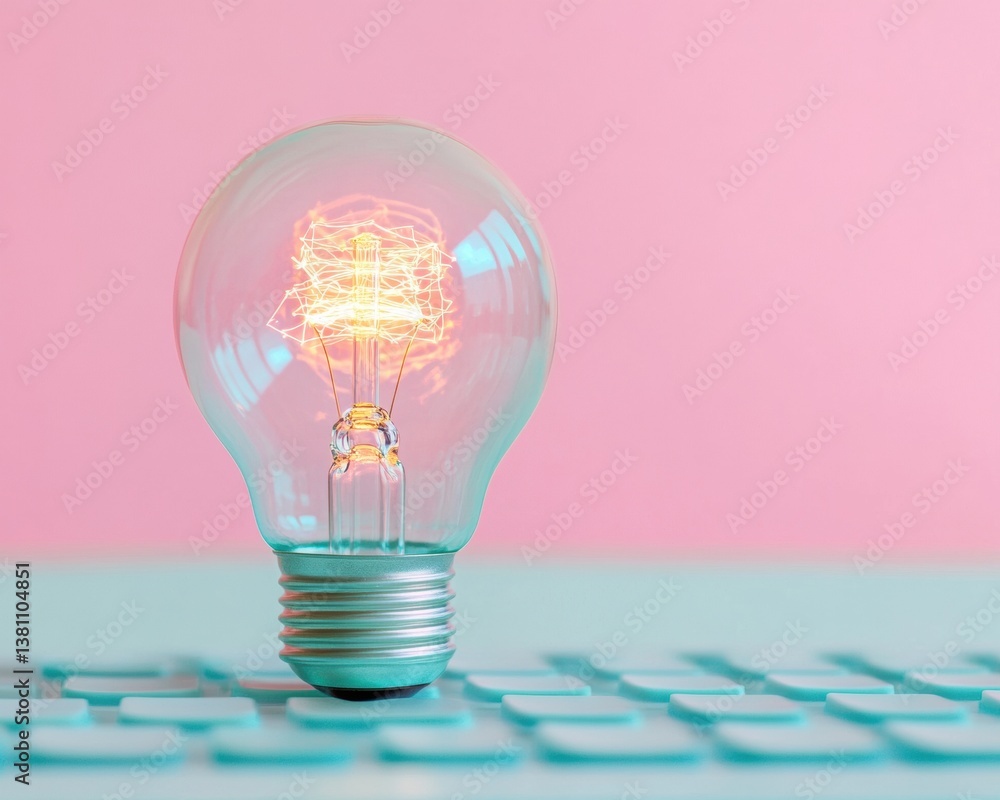 Poster luminous innovation pastel minimalist lightbulb on teal keyboard - creative digital learning breakth