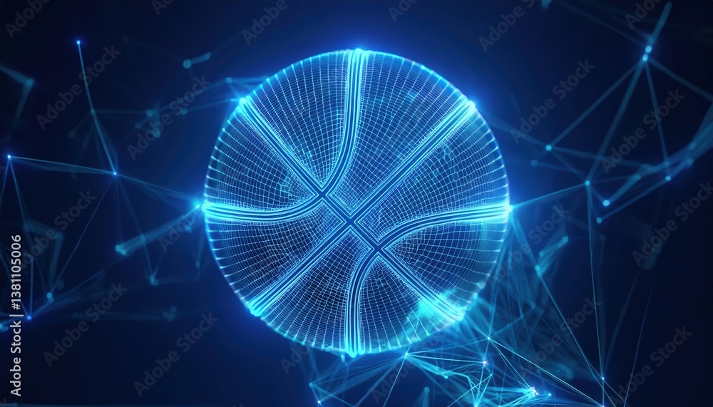 Poster wireframe visualization of a basketball hovering against a blue background during a digital sports e