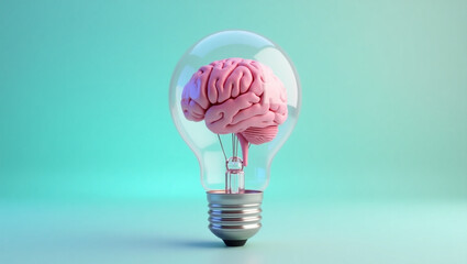 creative 3D render of pink brain inside light bulb, symbolizing ideas and innovation. soft pastel background enhances visual appeal