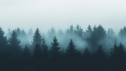 Fototapeta premium Fog-covered evergreen forest landscape with mist rolling over the treetops