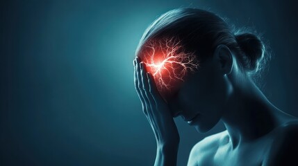 a picture of Young woman suffering from intense migraine headache