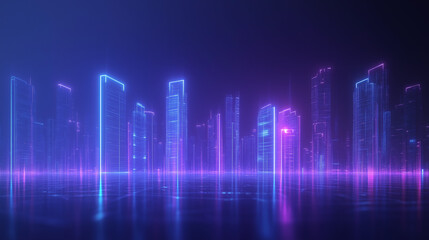 Naklejka premium Title: futuristic neon city skyline glowing in cyberpunk colors