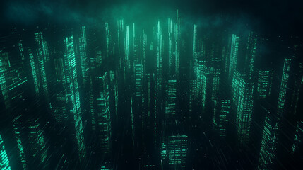 Naklejka premium Title: futuristic digital city glowing in green light