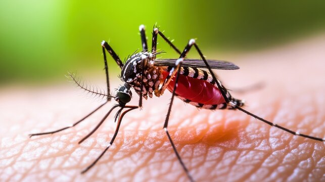 close-up of a mosquito biting human skin