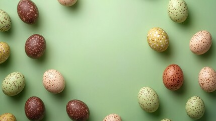 Vibrant speckled eggs in various colors lay scattered on a gentle green backdrop, creating a cheerful atmosphere perfect for Easter festivities and springtime joy