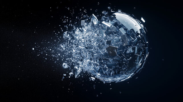 Title:  
shattering crystal sphere in motion on black background

