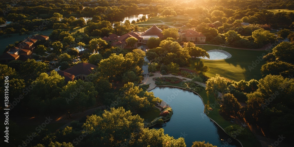 Poster regenerative campus design golden hour aerial perspective of sustainable learning environment with i
