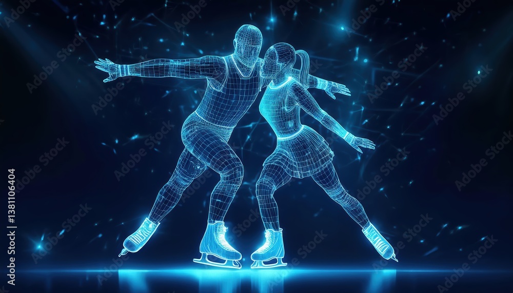 Poster dynamic pair figure skating performance illustrated in wireframe with a blue background showcasing a