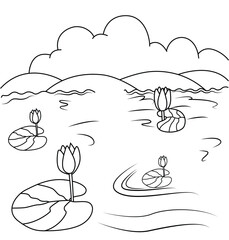 Cute cartoon hand drawn vector Lotus Lake coloring book.