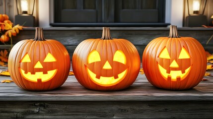 Obraz premium Three Carved Halloween Pumpkins with Smiling Faces on a Wooden Porch Surrounded by Autumn Leaves