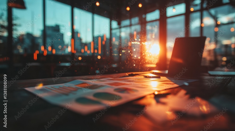 Poster AI-Powered Analytics at Golden Hour Hyper-Focused Digital Workspace with Cinematic Urban Sunset Illuminating Interactive Data Visualization for Next-Gen Business Intelligence