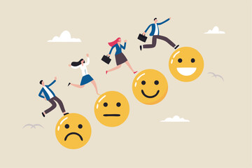 Employee happiness, wellbeing or positive attitude, emotional intelligence to improve success, joyful work or optimistic concept, business people jump from anxiety to delight smiling face emoticon.