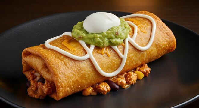 A deep-fried, crispy chimichanga burrito topped with sour cream and guacamole