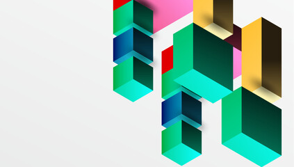 Obraz premium Isometric shapes create abstract composition. Vibrant colors, green, blue, red, yellow, pink. Modern design, clean lines, geometric forms. Minimalist aesthetic.